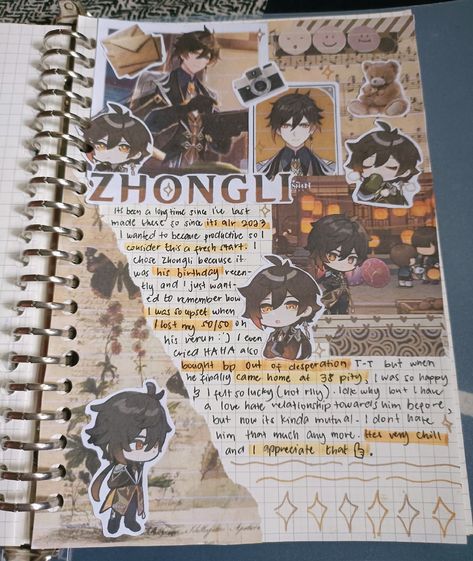 Zhongli/Genshin impact Anime Journal Genshin Impact, Genshin Journal Ideas, Genshin Impact Decor, Sketch Book Spreads Ideas, Genshin Impact Crafts, Genshin Impact Collage, Minecraft Journal, Genshin Scrapbook, Mindmap Ideas Design