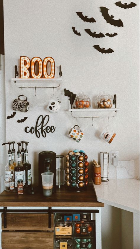 Seasonal Coffee Bar Decor, Monin Coffee Bar, Haunted Coffee Bar, Coffee Bar Halloween, Nespresso Bar Set Up, Coffee Shop Halloween Decorations, Halloween Coffee Bar Ideas, Coffee Bar Set Up, Halloween Coffee Station