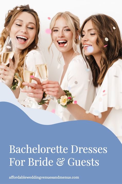 three women in white dresses making a champagne toast Summer Beachwear For Bachelorette Party, Bachlorette Beach Themes Outfits, Spa Day Bachelorette Party, Bachelorette Spa Day, Bachelorette Outfits For Bride, Fitted T-shirt For Summer Bachelorette Party, Cheap Spring Bachelorette Party T-shirt, Outfits For Bride, White Bachelorette Dress