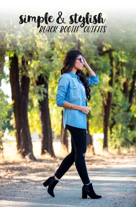 8 STYLISH & SIMPLE WAYS TO WEAR BLACK BOOTIES Black Ankle Boots Outfit Spring, Black Ankle Boots With Dress, Black Heeled Booties Outfit, Black Booties Outfit Work, Outfits With Black Booties, Outfits With Black Ankle Boots, Black Bootie Outfits, Denim Shirt Outfits, Bootie Outfits