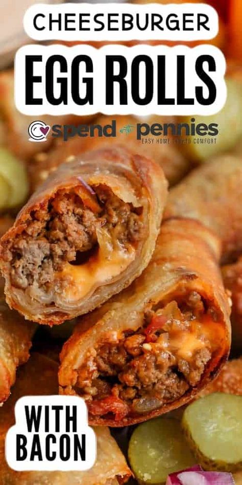 These bacon cheeseburger egg rolls are a crispy appetizer or snack that will get rave reviews. The filling in these rolls has all the delicious flavors of a bacon cheeseburger! Wrapped in some egg roll wrappers and then fried, these taste as good as they look. #baconcheeseburgereggrolls #cheeseburgereggrolls #appetizer #spendwithpennies Cheeseburger Egg Rolls, Hamburger Dishes, Appetizer Sandwiches, Cookies Soft, Meatless Main Dishes, Egg Roll Wrappers, Egg Roll Recipes, Appetizers Easy Finger Food, Beef Casserole Recipes