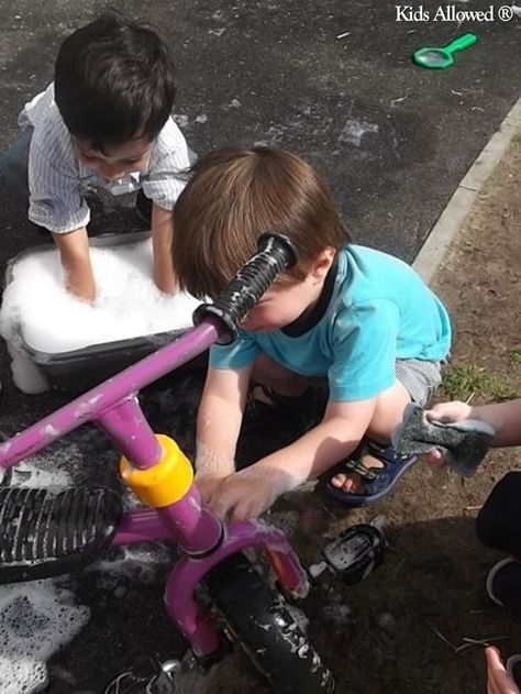 We #created our own car wash for our bikes in the nursery garden and gave them a brilliant clean! #EYFS Eyfs Outdoor, Nursery Garden, Gross Motor, Car Wash, Bicycle, Nursery, Bike