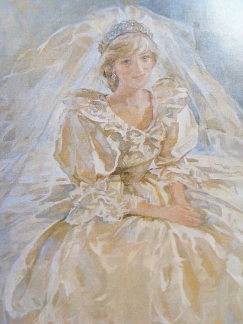 Painted in December of 1981 by Susan Ryder, this portrait of Diana, Princess of Wales in her wedding dress hangs in the Mall Galleries in London. #white Textiles Portraits, Princess Diana Art, Illustrated Diary, Vévodkyně Kate, Royal People, Caricature Drawings, Princess Diana Wedding, Prins William, Bridal Art