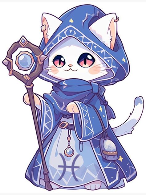 Pisces Cat, Oc Poses, Cat Wizard, Zodiac Stickers, Cat Magic, Wizard Cat, Water Blue, Cute Kitty, Pisces Zodiac