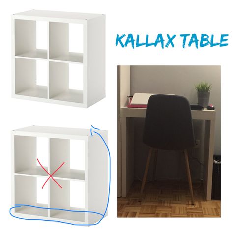 Ikea hack Turn Kallax bookshelf into a laptop table Ikea Kallax Table, Kallax Desk Hack, Therapy Home Office, Small Laptop Desk, Ikea Kallax Desk, Ikea Laptop Table, Ikea Workspace, Kallax Bookshelf, Ikea Bedroom Decor