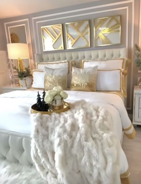 Beige And Black Bedroom Ideas Glam, Boho Glam Master Room Bedroom Ideas, Gold Bed Frame Aesthetic, Beige Gold Bedroom Ideas, Glam Bedroom Decor Luxury Classy Chic, Tan And Gold Bedroom, White Gold Bedroom Aesthetic, Gold And White Bedroom Decor, Gray And Gold Bedroom Ideas