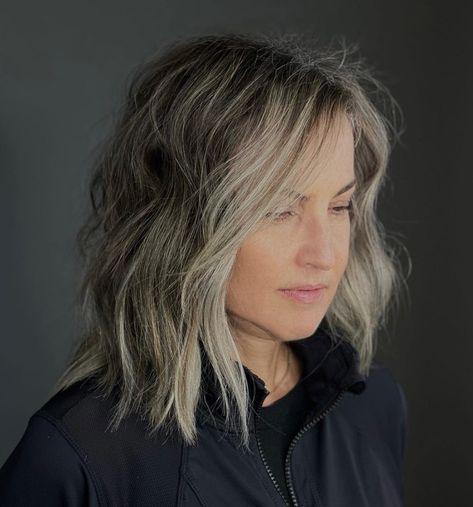 Gray Blending with Dirty Blonde Balayage Dirty Blonde Balayage, Shadow Roots, Gray Blending, Gray Balayage, Light Brown Highlights, Grey Blonde, Subtle Balayage, Grey Highlights, Wavy Lob