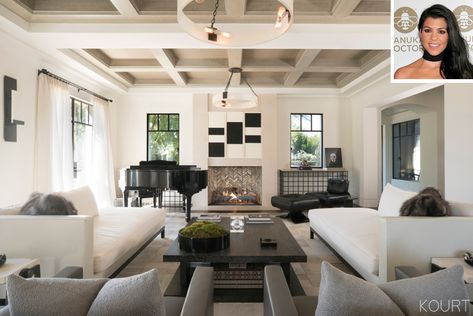 Kourtney Kardashian has an eye for interior design, as her stylish California home more than proves. From her living room that she says is not built for comfort, to her (literally) out of this world kids’ decor, here are all the spaces she’s shared of her pretty pad.                                  Although most living ro Kardashian Kitchen Decor, Kourtney Kardashian House, Kardashian Home, Family Room Design, Livingroom Layout, Design Living Room, Celebrity Houses, A Living Room, Southern Living