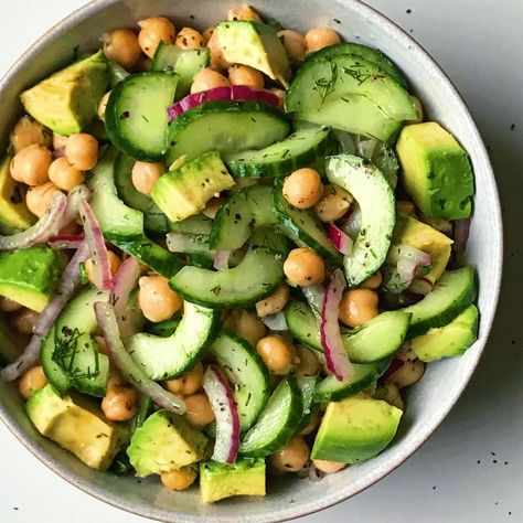 Cooling Chickpea Cucumber Salad - The Dish On Healthy Vegan Cucumber Salad, Chickpea Cucumber Salad, Chickpea Cucumber, Satay Tofu, Vegan Cucumber, Cucumber Salad Recipe, Power Salad, Grilled Halloumi, Small Cucumber