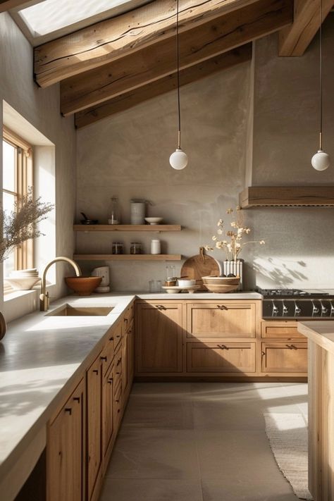 Natural Style Kitchen, Wood Kitchen White Countertops, Natural Kitchen Design, Tile In Kitchen, Polished Concrete Kitchen, Earthy Kitchen, Rustic Kitchen Design, Cozy Kitchen, Kitchen Inspiration Design