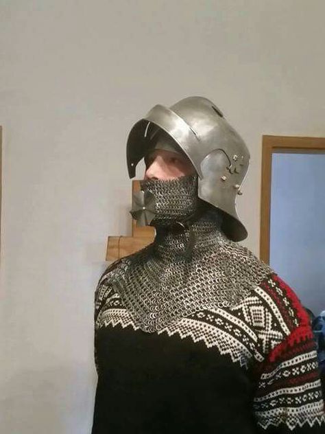 Fantastic repro based on  a german manuscript  Medieval renaissance armor  Sallet helmet helm maile chain mail bevor camail Medieval Armor Helmet, Medieval Helmet Types, Sallet Helmet Art, Sallet Helmet, Chain Armor, Helmet Medieval, Medieval Helmet, 15th Century Armor, Lineage 2