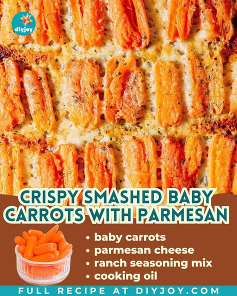 Turn your carrots into a delicious appetizer with this crispy smashed baby carrots recipe! They're easy to make and absolutely addicting. Baked Smashed Carrots, Crispy Ranch Baby Carrots, Smashed Baby Carrots With Parmesan, Smashed Baby Carrots, Smash Carrots, Smashed Carrots With Parmesan, Carrot Appetizers, Mashed Carrots Recipe, Smashed Carrots