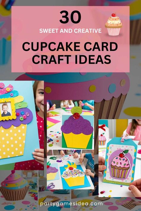 Cupcake Card Craft Ideas are creative ways to design personalized, festive cards featuring charming cupcake designs for various occasions. Card Craft Ideas, Games Ideas For Adults, Party Games Ideas, Cupcake Liner Crafts, Easter Party Games, Cupcake Birthday Cards, Cupcake Cards, Cupcake Card, Valentines Games