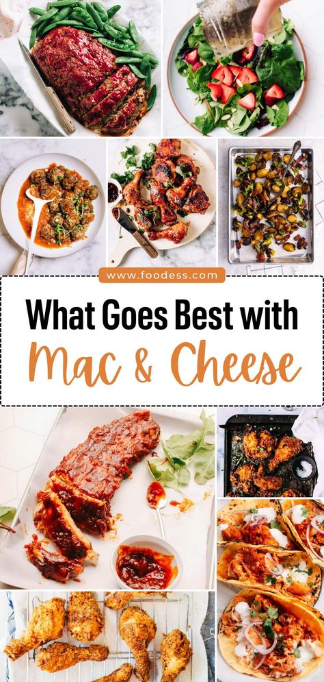 Transform your mac and cheese into a complete meal with these 21+ delicious side dishes. From savory meats like chicken, brisket, and BBQ ribs to vegetable sides like crisp salads and steamed veggies, turn your bubbly golden mac and cheese meal into a feast. Perfect for balancing the rich, creamy sauce and soft pasta with lighter, crisp sides. Find the best mac and cheese pairings for your next family dinner, party, potluck or holidays. Find the mac and cheese side dishes list on my blog! Baked Mac And Cheese Dinner Ideas, Things To Eat With Mac And Cheese, Mac And Cheese Dinner Ideas Meals, Mac And Cheese Sides Dinners, Food That Goes With Macaroni And Cheese, Meals With Mac And Cheese Side, Mac And Cheese Pairing Food, Mac And Cheese Side Dish Ideas, Dinner With Mac And Cheese Side