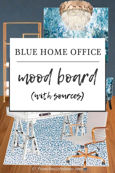 | My Home Office Blue And White Home Office, Home Office Mood Board, Office Mood Board, Navy Blue Poster, Blue Home Offices, Leopard Print Rug, Diy Large Wall Art, White Home Office, Home Office Layouts