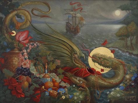 Hannah Flowers, Puff The Magic Dragon, Magic Dragon, Japanese Horror, Japanese Dragon, Story Inspiration, Dragon Art, Vintage Pictures, Music Box