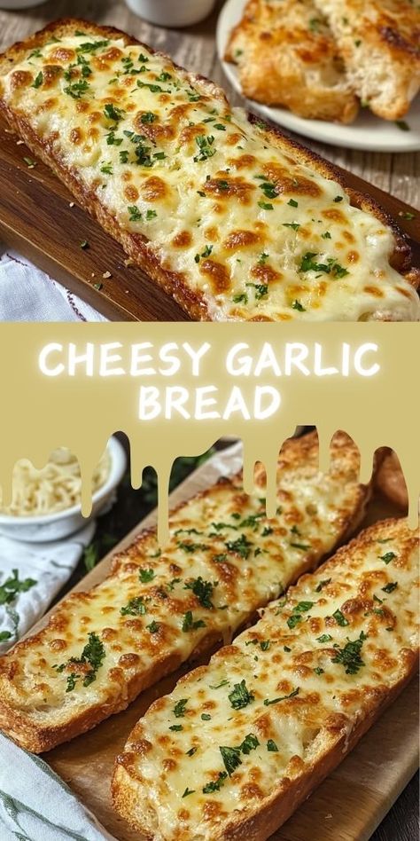 Cheesy Garlic Bread Ingredients: 1 loaf French bread 1/2 cup unsalted butter, softened 3 cloves garlic, minced 1 cup shredded mozzarella cheese 1/4 cup grated Parmesan cheese 1 tablespoon fresh parsley, chopped Salt and pepper to taste #Cheesy #GarlicBread Garlic Bread Recipe Homemade, French Bread Appetizers, French Garlic Bread, Cheesy Garlic Bread Recipe, French Bread Loaf, Parmesan Bread, Garlic Spread, French Bread Recipe, Garlic Cheese Bread