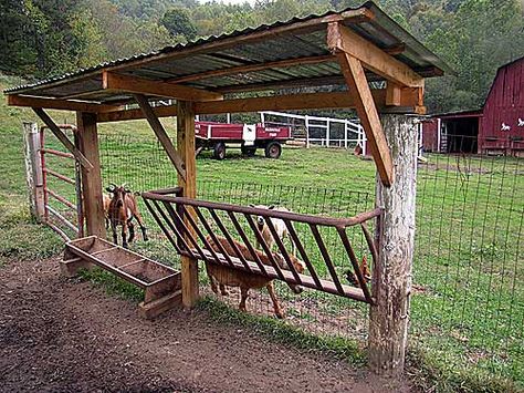 hay feeder for goats http://chickensintheroad.com/dailyfarm/the-goats-hay-feeder/ Hay Feeder With Roof, Hay Trough For Goats, Covered Horse Hay Feeder, Fence Hay Feeder, Cow Feeding Trough, Covered Hay Feeder For Goats, Covered Goat Feeder, Goat Feed Trough, Diy Goat Grain Feeder