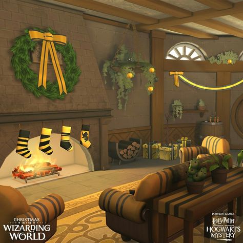 Hufflepuff common room, Christmas, Hogwarts Mystery Hufflepuff Room Decor, Enchanted Aesthetic, Christmas Hogwarts, Hogwarts Common Rooms, Hufflepuff Wallpaper, Hufflepuff Common Room, Hogwarts Hufflepuff, Harry Potter Places, Harry Potter Rpg