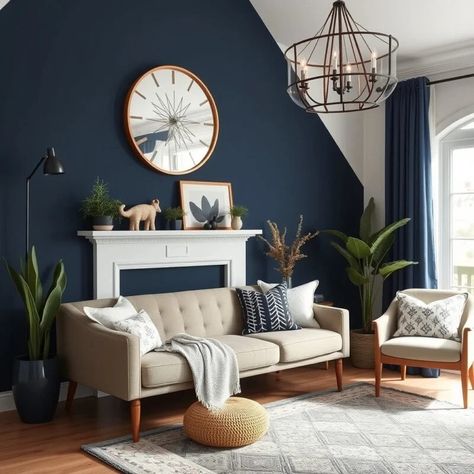 Living Room Blue Accent Wall, Navy Blue Accent Wall Living Room, Navy Accent Wall Living Room, Statement Walls Living Room, Blue Accent Wall Living Room, Accent Wall Living Room, Blue Accent Wall, Navy Accent Walls, Navy Living