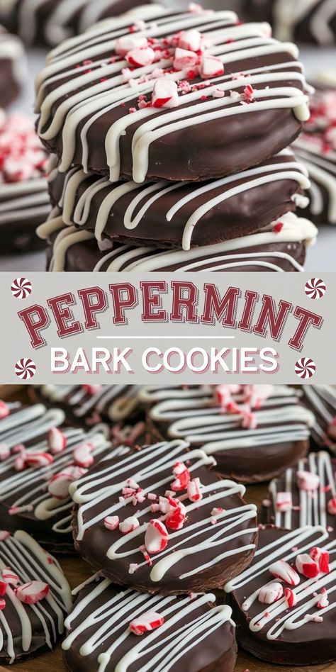 A close-up stack of peppermint bark cookies decorated with smooth, glossy dark chocolate coating, drizzled with white chocolate, and topped with crushed peppermint candies. Perfectly festive with a combination of rich chocolate and refreshing peppermint flavors. Chocolate Drizzle Cookies, Oreo Peppermint Dessert, Peppermint Bark Cookies Recipe, Fast Desserts For A Crowd, Peppermint Chocolate Bark, Bark Chocolate Recipe, Big Batch Christmas Cookies, Peppermint Christmas Desserts, Big Batch Cookies