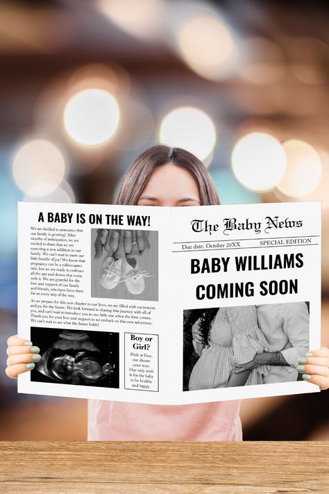 Are you looking for a unique way to announce your pregnancy to your friends and family? Look no further than this newspaper style pregnancy announcement card! This customizable card features a custom sonogram and photos, making it a truly personal way to share your exciting news. News Paper Pregnancy Announcement, News Paper Baby Announcement, Kate Baby, Pregnancy Announcement Cards, Newspaper Template, Announcement Ideas, New Baby Announcements, Family Look, News Paper