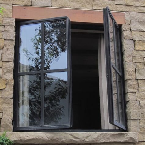 Jada Windows thermally broken steel casement windows. #JadaSteelWindows Casement Windows Exterior, French Casement Windows, Grass Valley California, Small Dream Homes, Framed Windows, Metal Window Frames, Stone Cabin, Steel Doors And Windows, Metal Windows