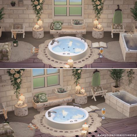 Acnh Bathroom Designs, Cottage Core Bathroom Aesthetic, Animal Crossing Spa, Animal Crossing Cafe Ideas, Animal Crossing Bathroom Ideas, Bathroom Animal Crossing, Acnh Bathroom Ideas, Animal Crossing Bathroom, Acnh Spa