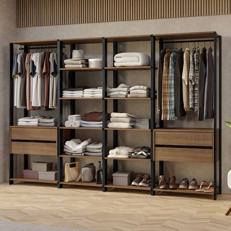 O Guarda-Roupa Closet Modulado Valencia Vai Transformar O Seu Ambiente E Otimizar A Organização Do Seu Quarto.Com Uma Estrutura Aberta, Oferece Fácil Acesso Aos Seus Pertences No Dia A Dia. Nesta Versão, É Composto Por Quatro Peças Independentes, Proporcionando Com Dois Cabideiros Metálicos, Diversas Prateleiras E Quatro Gavetas Espaçosas,  Proporcionando Um Amplo Espaço De Armazenamento.O Acabamento Combina Os Tons Preto E Amadeirado Rustic.  É Realizado Em Pintura Poliéster De 7 Camadas, Uma O Closet Minimalista, Industrial Closet, Rustic Closet, Small Room Makeover, Sideboard Drawers, Bedroom Redesign, Clothing Store Interior, Industrial Home Design, Closet Design Layout