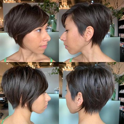 Stacked Pixie Bob with Swooping Bangs and Side Undercut Short Layered Pixie, Layered Pixie Haircuts, Layered Pixie Cut, Short Pixie Bob, Layered Pixie, Pixie Bob Hairstyles, Stacked Hair, Pixie Bob Haircut, Edgy Haircuts