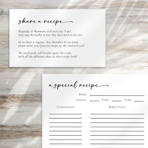 Bridal Shower Recipe Request Enclosure Card Bridal Shower Recipe Request, Bridal Shower Registry, Bridal Shower Recipe, Bridal Shower Food, Shower Supplies, Enclosure Cards, Recipe Cards, Wedding Shower, Recipe Book