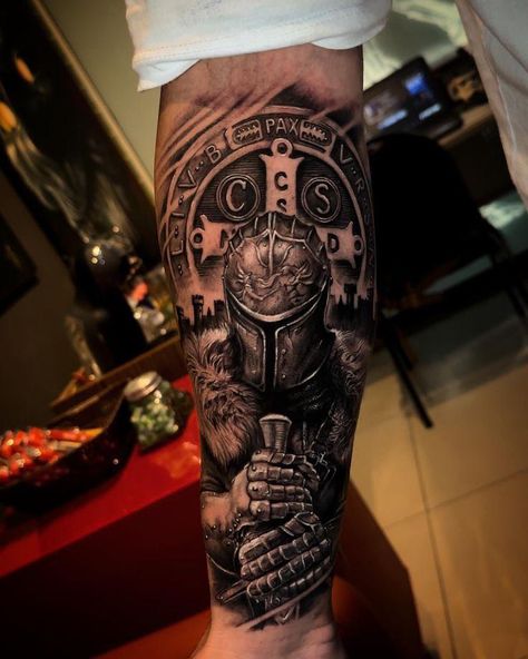 Black And Gray Arm Tattoo, For Honor Tattoo, Calf Sleeve Tattoo, Arm Cover Up Tattoos, Warrior Tattoo Sleeve, Tiger Tattoo Sleeve, Gladiator Tattoo, Egyptian Tattoo Sleeve, Spartan Tattoo