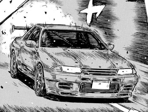 Initial D Sketch, Nissan Gtr Art, Nissan Skyline Sketch, Nissan Gtr Sketch, R32 Initial D, Initial D R32, Initial D Manga Panels, Car Manga, Manga Cars