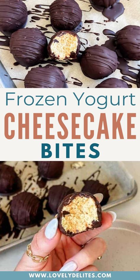 Try these low sugar Frozen Yogurt Cheesecake Bites. Satisfy your sweet tooth with these homemade Frozen Yogurt Mini Cheesecake Bites! Low in sugar and packed with protein, greek yogurt gives the perfect tangy cheesecake flavor. A guilt-free treat you can enjoy anytime! Desserts That Use Greek Yogurt, Keto Yogurt Dessert, Healthy Cheesecake Desserts, Greek Yogurt Cheesecake Bars, Cooking With Yogurt Recipes, Chocolate Covered Greek Yogurt Bars, Protein Frozen Yogurt Bites, Greek Yogurt Cheesecake Healthy, Greek Yogurt Bars Frozen