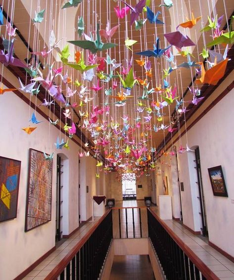 Hanging Cranes, Classroom Ceiling, Origami Decor, Origami Birds, School Hallway, Origami Wedding, Art Classroom Decor, Paper Cranes, Ceiling Art