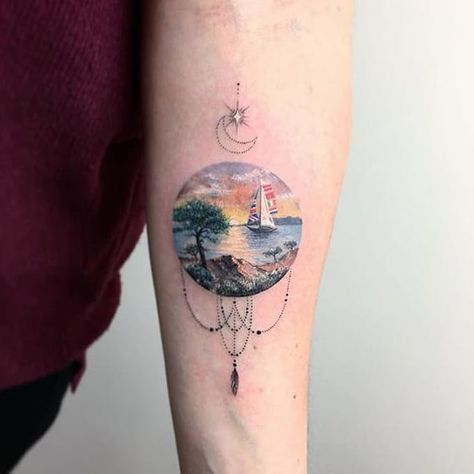 Ornate and tender, a sailboat sails in the sunset, by Eva Galipdede. (via IG—evakrbdk) #microtattoo #microscenery #circlescene #tinytattoo Sun Rise Tattoo, Rise Tattoo, Sailboat Tattoo, Mother Nature Tattoos, Circle Tattoo, Tattoo Prices, Detailed Tattoo, Sun Rise, Large Tattoos