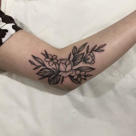 Upper Inner Elbow Tattoo, Side Of Elbow Tattoo, Woods Tattoos, Flower Tattoo Placement Ideas, Under Elbow Tattoo, Flower Elbow Tattoo, Inner Elbow Tattoos For Women, Inner Elbow Tattoo, Inner Elbow Tattoos