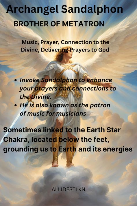 Archangel Sandalphon carries our prayers to the Divine and fills our lives with music and harmony. Invoke his presence to deepen your connection with the spiritual realm. #archangelsandalphon #music #prayer #divineconnection #harmony #spiritualrealm Haniel Archangel, Arc Angels, Archangel Metatron Prayer, Archangel Uriel Prayer, Archangel Sandalphon, Angel Of Music, Arch Angel Michael Prayer, Archangel Zadkiel, Angel Healing