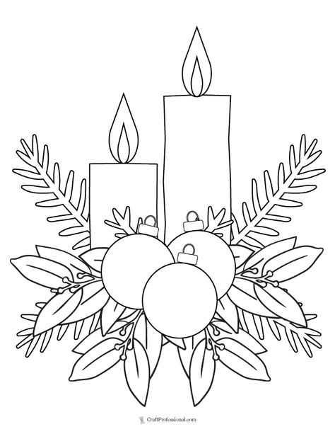 Christmas candles with ornaments and evergreen wreath to color. Plus 9 more printable holiday coloring pages! Easy Coloring Pages Christmas, Christmas Embroidery Wreath, Christmas Drawing Outline, Xmas Templates Free Printable, Vintage Christmas Coloring Pages, Nativity Coloring Pages Printables Free, Christmas Candle Drawing, Christmas Ornaments Drawing, Christmas Templates Free Printable