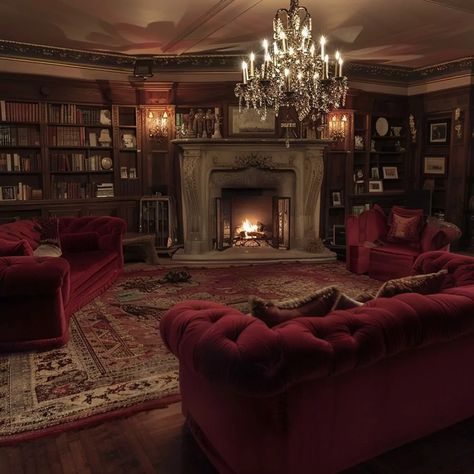 Living Room Dark Mansion Living Room, Dark Red House Interior, Molded Ceiling, Dark Red Living Room, Stephen King House, Red Fireplace, Red Sofa Living Room, Red Mansion, Ceiling Painted