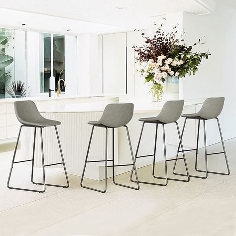 LUE BONA Set of 4 Gray 30-in H Bar height Metal Bar Stool in the Bar Stools department at Lowes.com Metal Bar Stool, Modern Counter Stools, Mid Century Bar, Leather Counter Stools, 30 Bar Stools, Black Bar Stools, Stools With Backs, Counter Height Bar, Leather Bar Stools