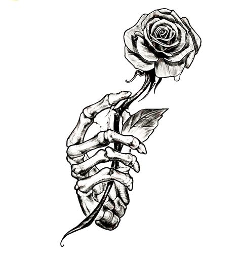 Skull Hand With Rose, Withered Rose Tattoo, Evangelion Tattoo, Hand Holding Rose, Single Rose Tattoos, Animal Sleeve Tattoo, Skeleton Drawings, Bottle Tattoo, Skull Art Drawing