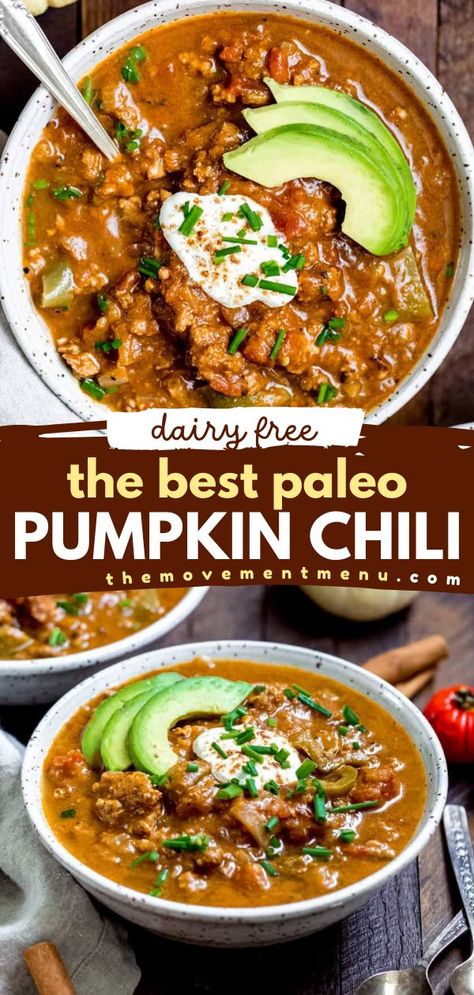 Want some comfort food for dinner? Have the BEST paleo pumpkin chili! It's also dairy-free, Whole30 compliant, and an easy low-carb recipe. Whether made in the Instant Pot or on the stovetop, this pumpkin recipe is a family-friendly fall food! Turkey Chili Paleo, Paleo Meal Ideas Dinners, Whole 30 Recipes Chili, Fall Low Carb Meals, Easy Paleo Soup, Whole Food Healthy Recipes, Fall Soups Dairy Free, Whole30 Fall Recipes, Pumpkin Puree Recipes Healthy Dinner