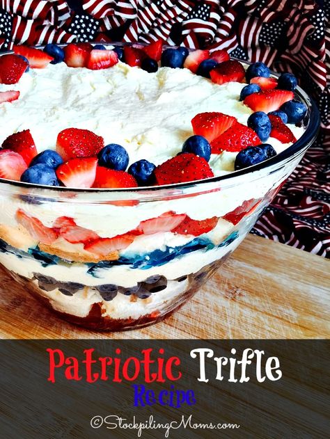 Patriotic Trifle Recipe is the perfect dessert for 4th of July, Memorial Day or any festive holiday! Trifle Bowl Recipes, Memorial Day Food, Memorial Day Desserts, Trifle Dessert Recipes, Memorial Day Foods, Patriotic Recipes, Memorial Day Party, Berry Trifle, Dessert Parfait