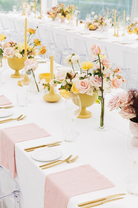 Botanic gardens dreamscape | Cecilia Fox Pastel Yellow Wedding, 1960s Glam, Mustard Wedding, Yellow Wedding Theme, Wedding Reception Flowers, Wedding Reception Centerpieces, Wedding Reception Inspiration, Reception Flowers, Wedding Reception Tables