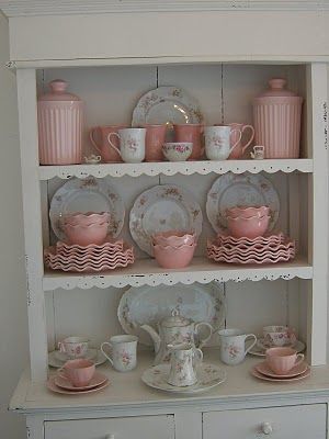 These are the dishes that my mom and dad collected for my sister and I.  I use these as my Birthday dishes:) Rideaux Shabby Chic, Pink Dishes, Pink Furniture, Decoration Shabby, Deco Rose, Shabby Chic Living, Shabby Chic Living Room, Shabby Chic Dresser, Chic Living Room