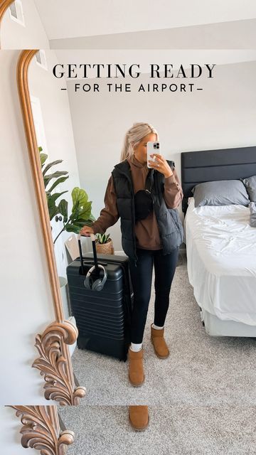 Airport Outfit Uggs, Puffer Vest Outfit Flare Leggings, Puffer Vest And Uggs Outfit, Comfy Travel Outfit Fall, Kansas City Outfits, Comfy Travel Outfit Winter, Flared Leggings Puffer Jacket, Cozy Fall Outfits With Uggs, Cute Comfy Travel Outfits