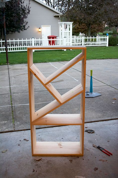 bookshelf, modern bookcase, angled shelves Shelving For Angled Walls, Angled Bookcase, Angled Shelves, Diy Bookcase, Farmhouse Bookshelf, Easy Shelves, Unique Bookcase, Unique Bookshelves, Bookshelf Modern