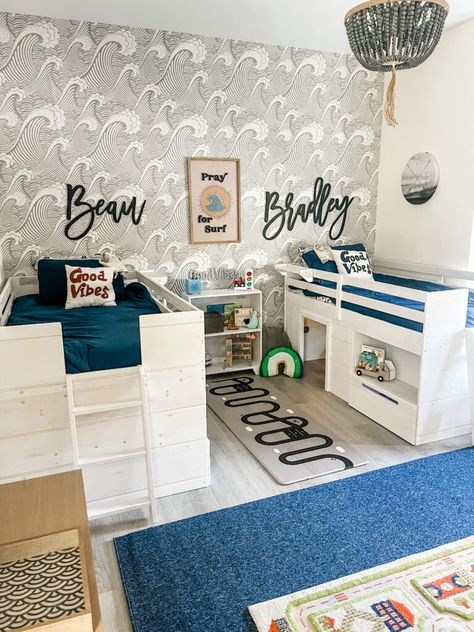 Twin Boy’s Shared Coastal Surfer Bedroom Shared Boys Room Beds, Brother Rooms Shared, Boy Girl Shared Bedroom Ideas Toddler And Baby, Twin Boy Bedroom Ideas Toddlers, Brother Shared Bedroom Ideas, Toddler Boy Girl Shared Room Ideas, Boy And Girl Shared Room Ideas, Kids Shared Bedroom Boys, Brother Room Ideas Shared Bedrooms