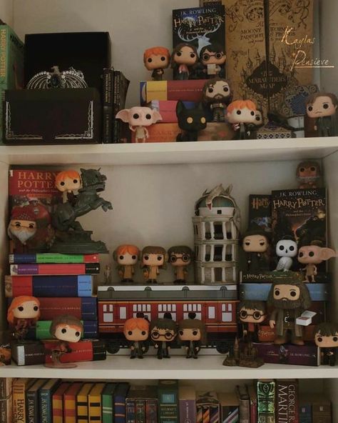 Harry Potter Shelf Display, Harry Potter Funko Pop Display, Harry Potter Shelves, Harry Potter Collection Display, Harry Potter Bookshelf, Harry Potter Shelf, Funko Harry Potter, Harry Potter Display, Disney Funko Pop